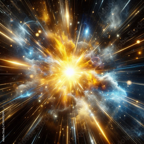Abstract yellow explosion star with blue glow and cosmic energy release