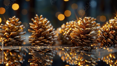 Pine cones arranged on a table, suitable for nature or holiday themes