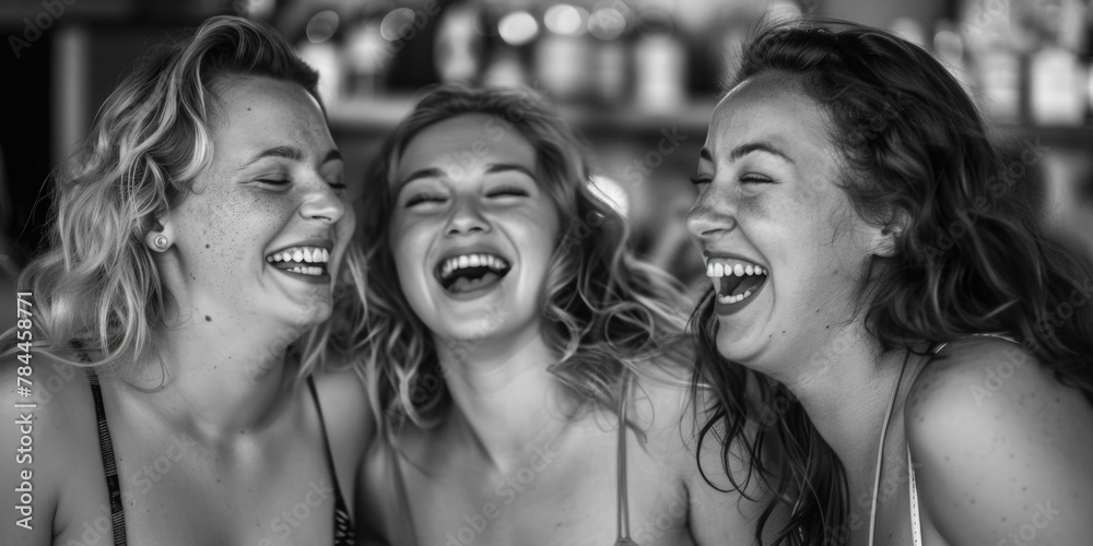 Three women laughing and enjoying drinks at a bar. Suitable for socializing or nightlife concepts Three women laughing and enjoying drinks at a bar. Suitable for socializing or nightlife concepts