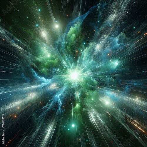 Abstract green explosion star with glow and cosmic energy release