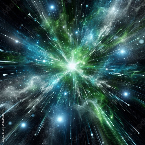 Abstract green explosion star with glow and cosmic energy release