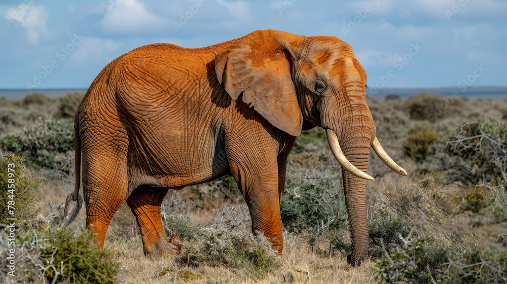 Fototapeta premium An elephant, featuring long tusks, stands amidst a field of lush green grass Above, a blue sky adorns the scene with scattered clouds