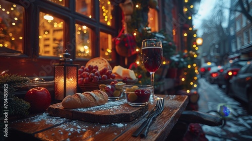   A wooden table, topped with a loaf of bread and a glass of wine, lies beside a window adorned with Christmas lights