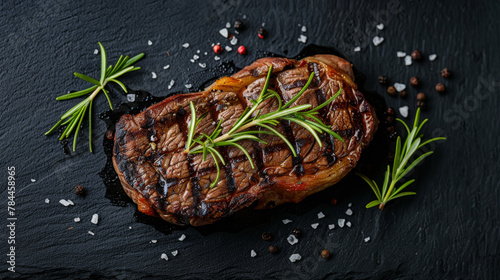 Grilled ribeye beef steak with rosemary and salt on dark slate.