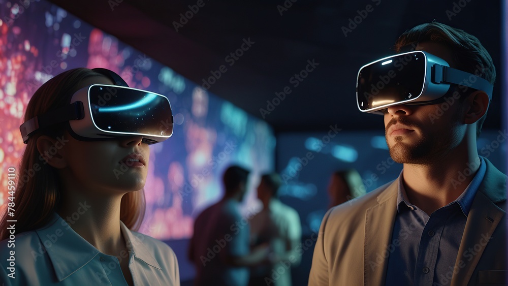Embark on a journey into the future with this scene of a person wearing virtual reality glasses, surrounded by vibrant neon lights. Embark on a journey into the future with this scene of a person wearing virtual reality glasses, surrounded by vibrant neon lights.