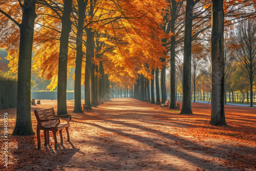 Rows of tree with a path and a sitting bench, Autumn park alley around the world
