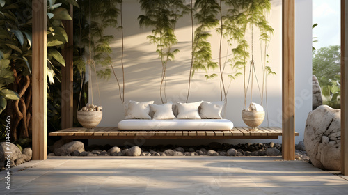 Wooden bench with pillows and a stone wall in the background