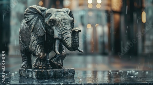 Elephant statue standing in the rain  suitable for nature themes