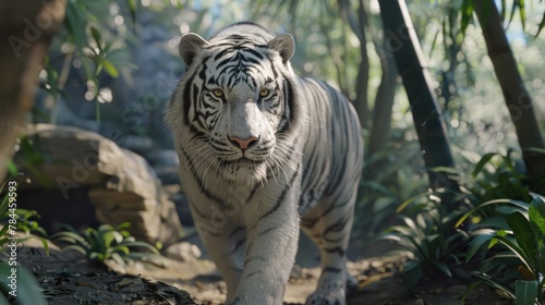 Majestic white tiger walking through lush jungle. Perfect for wildlife and nature concepts © Fotograf