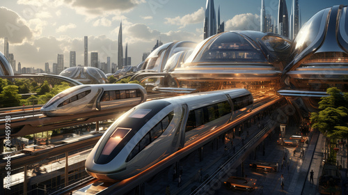 Futuristic city with a train station and a train in the middle of the station