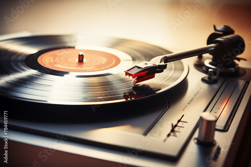 Classic record player needle on vinyl, warm nostalgic audio experience concept. photo