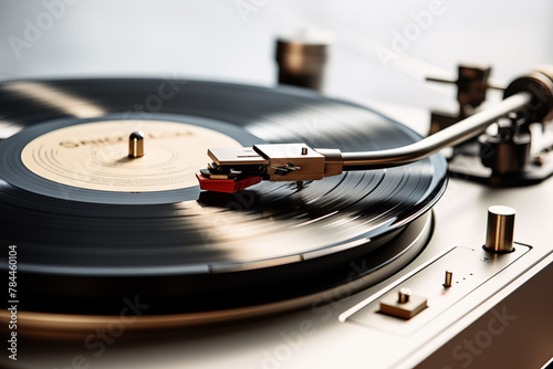Vintage turntable playing vinyl record, retro music and audio equipment concept.