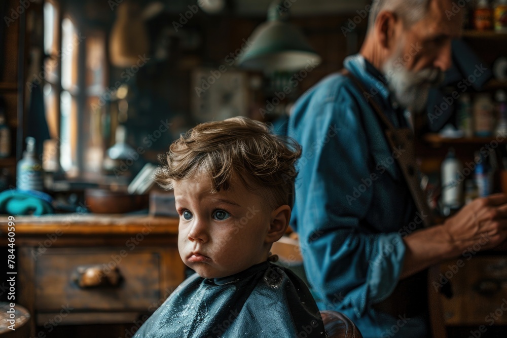 A little boy having his hair cut at a barber shop. Suitable for hair salon or grooming concepts