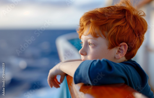 Redheaded boy gazing at the sea from ship, dreamy travel and adventure concept. © Darya