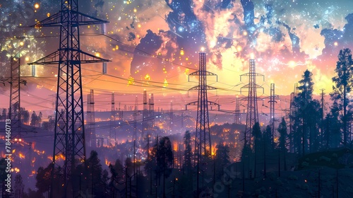 Vibrant Dusk Sky Over Power Lines and Forest Landscape. Ethereal Nature and Modern Infrastructure Fusion. Surreal Evening Scenery for Creative Projects. AI