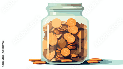 Mouth of a glass jar full of coins on white background