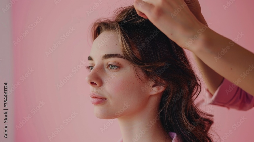 Fototapeta premium Woman combing her hair in front of a pink wall. Suitable for beauty and lifestyle concepts