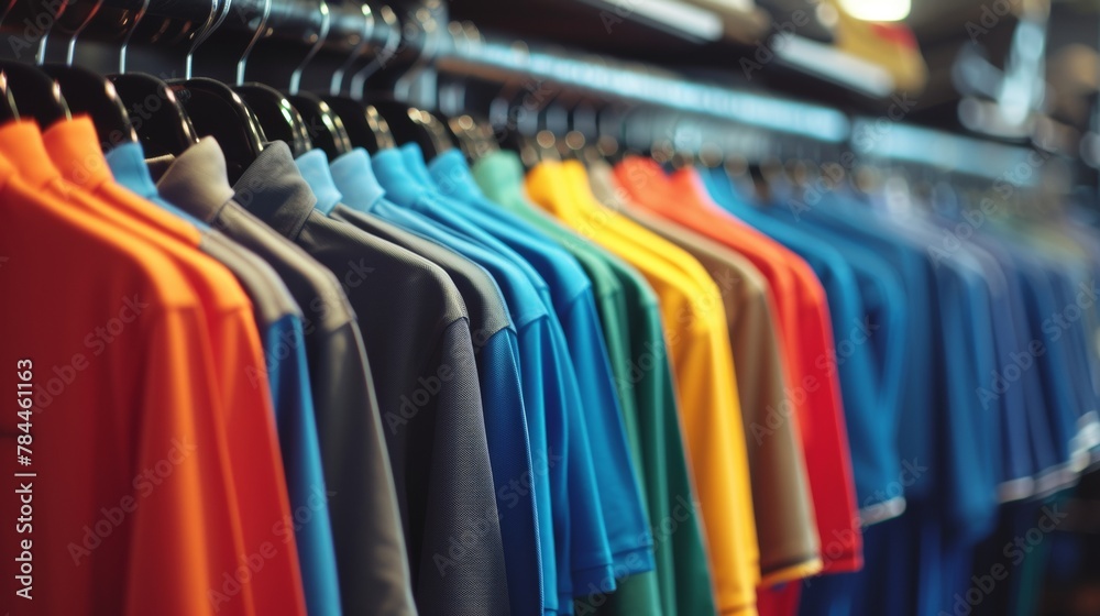 Multi - colored polo shirts hanging on a rack in a store Multi - colored polo shirts hanging on a rack in a store