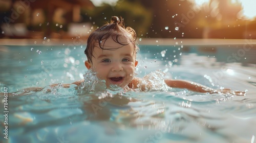 A young child enjoying a swim in a pool  with water splashing on their face. Suitable for summer activity concepts