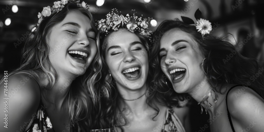 Obraz premium Three women enjoying a lively party atmosphere. Great for event promotions