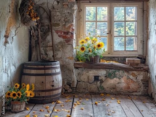 Rustic Cottage Charm with Sunflowers and Weathered Barrel by Vintage Window © Sittichok
