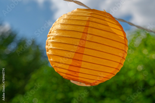 Orange colored lampion hanging in a garden  in front of blue sky.