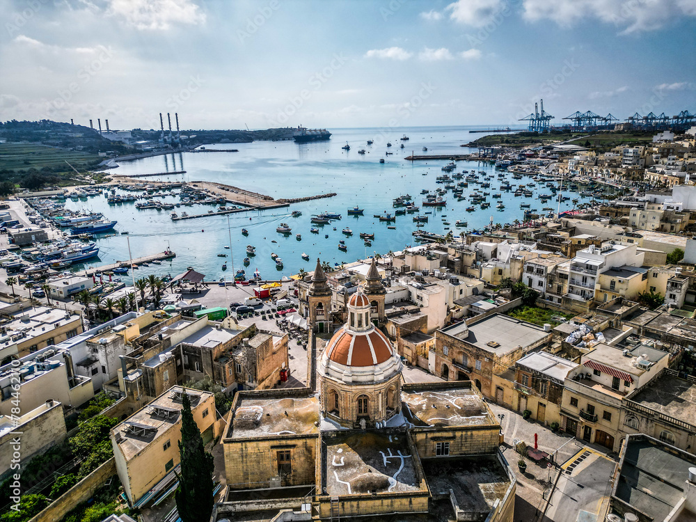 A beautiful fishing town in Malta, aerial shot