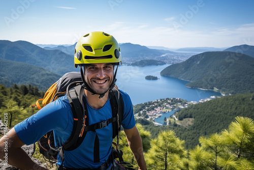 Smiling Male Hiker with Scenic Mountain Lake View. Ideal for travel blogs, outdoor adventure promotions, and hiking gear advertisements. Vibrant image suitable for banners and social media posts.