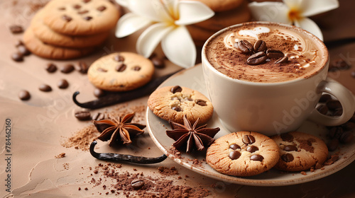Aromatic coffee in a brown cup with foam, accompanied by cookies and scattered coffee beans, star anise, and a white flower on a rustic table.