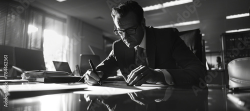 A man sitting at a desk writing on a piece of paper. Suitable for office, education, or freelance concepts