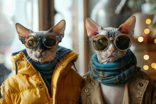 A trendy cat in goggles paired with a yellow jacket and a scarf poses against a blurred city street photo