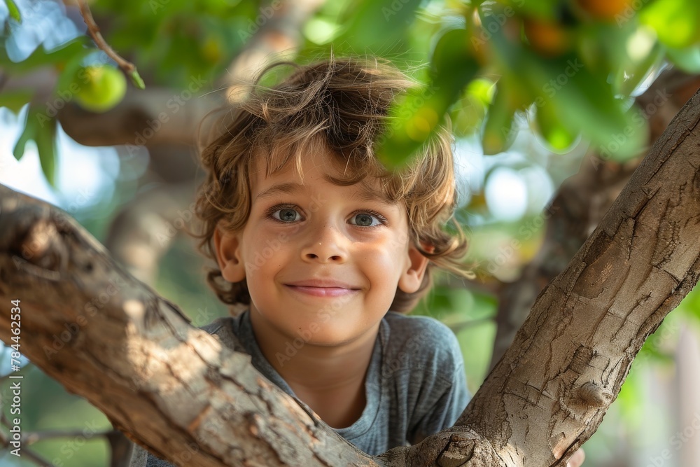 Happy young boy nestled comfortably within the branches of a tree, bright-eyed and smiling Happy young boy nestled comfortably within the branches of a tree, bright-eyed and smiling