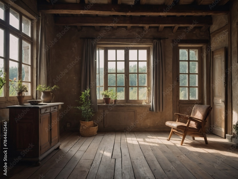 Empty rustic French country cottage interior.