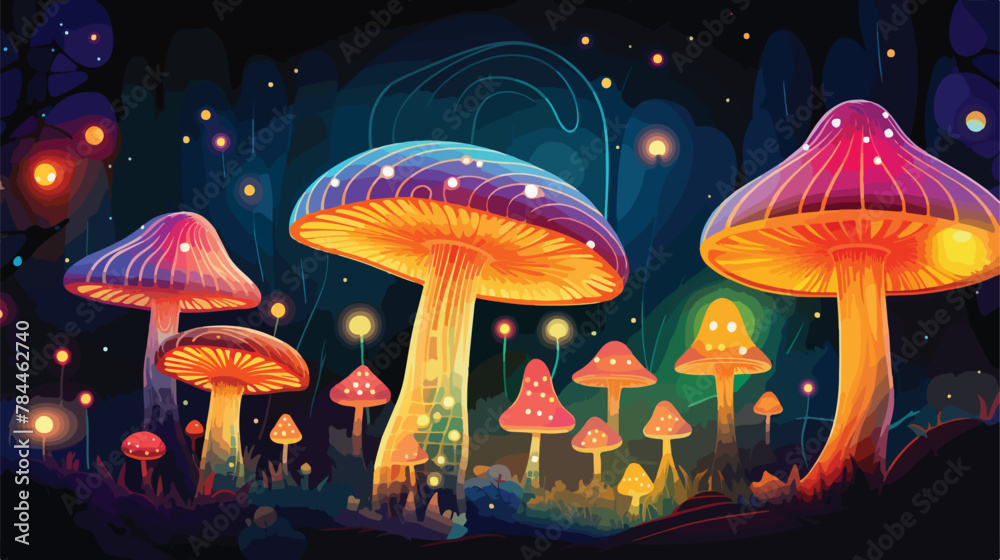 Mystical garden of glowing mushrooms and shimmering
