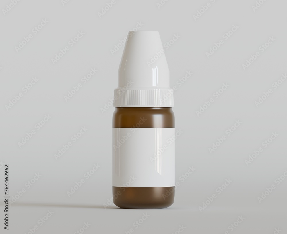Amber glass dropper bottle mockup on gray background, 3d rendering. 3D Illustration