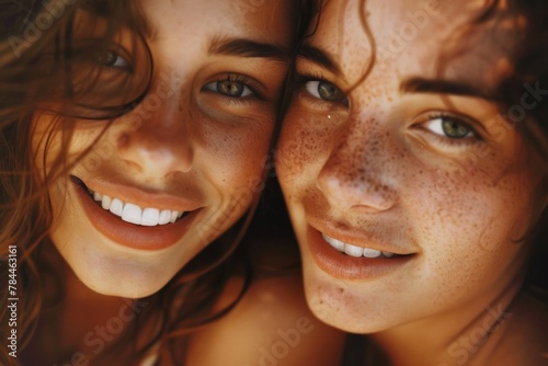 Two beautiful young women with freckles posing for a picture. Suitable for lifestyle and beauty concepts