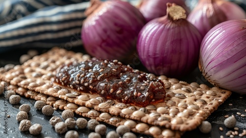   A tight shot of a table-set plate, displaying onions and a cracked crisp atop it, amidst other food items photo