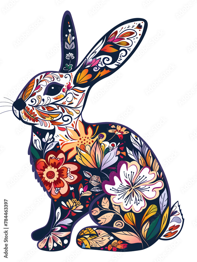 Boho bunny illustration with floral pattern on its skin. Isolated clip ...