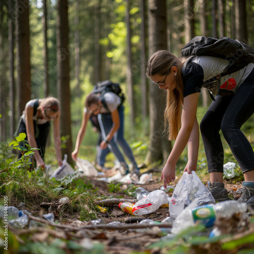 Several young hikers are picking up household waste scattered in the corners of the forest 1