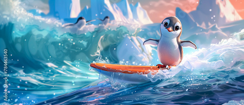 A playful cartoon of a penguin chick clumsily attempting to ride a miniature surfboard on a small wave in a sheltered Antarctic cove photo