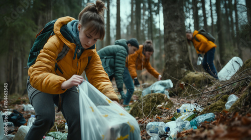 Several young hikers are picking up household waste scattered in the corners of the forest