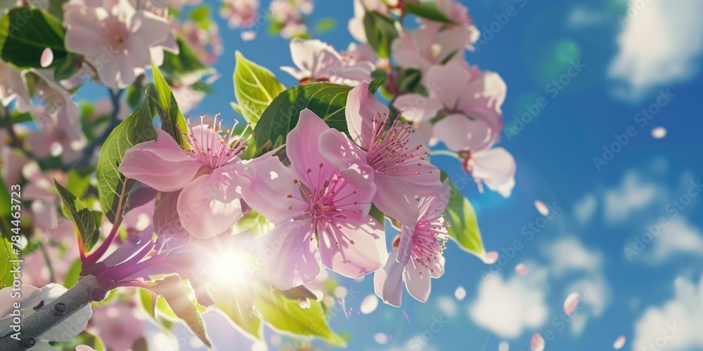 Obraz premium A tree with pink flowers and lush green leaves. Perfect for springtime designs