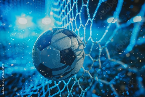 An action shot of a soccer ball as it hits the back of the net, with a cool blue light effect emphasizing motion and victory