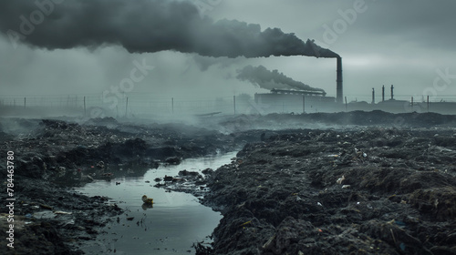 The industrial chimney in the distant view is filled with thick smoke, while the floor is covered in sewage and plastic garbage in the close view.and the sky is gloomy