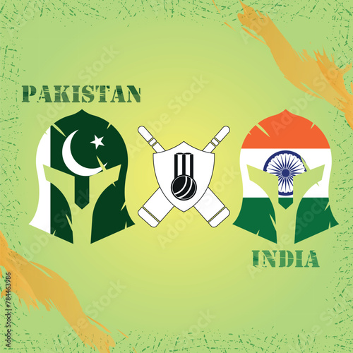 Pakistan vs India Cricket Match concept with flag and Knight Helmet. Creative illustration of participant countries flags with gradient background. Pakistan vs India Cricket Match Social Media Post.
