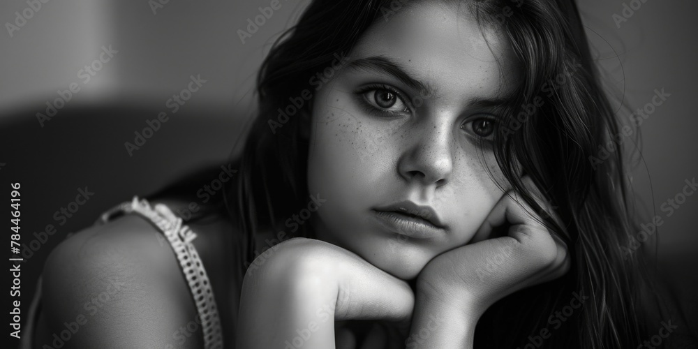 A black and white photo of a woman with long hair, suitable for various design projects A black and white photo of a woman with long hair, suitable for various design projects