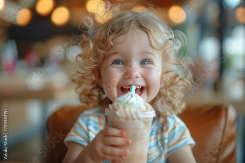 A cheerful young girl with curly hair enjoys a milkshake  her bright smile suggesting happiness and delight