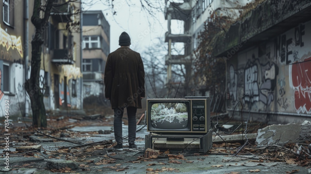 A man walking down a street past a TV set. Suitable for illustrating urban lifestyle