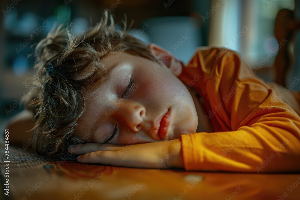 A peaceful image of a young boy sleeping on a wooden table. Suitable for various lifestyle and relaxation concepts A peaceful image of a young boy sleeping on a wooden table. Suitable for various lifestyle and relaxation concepts