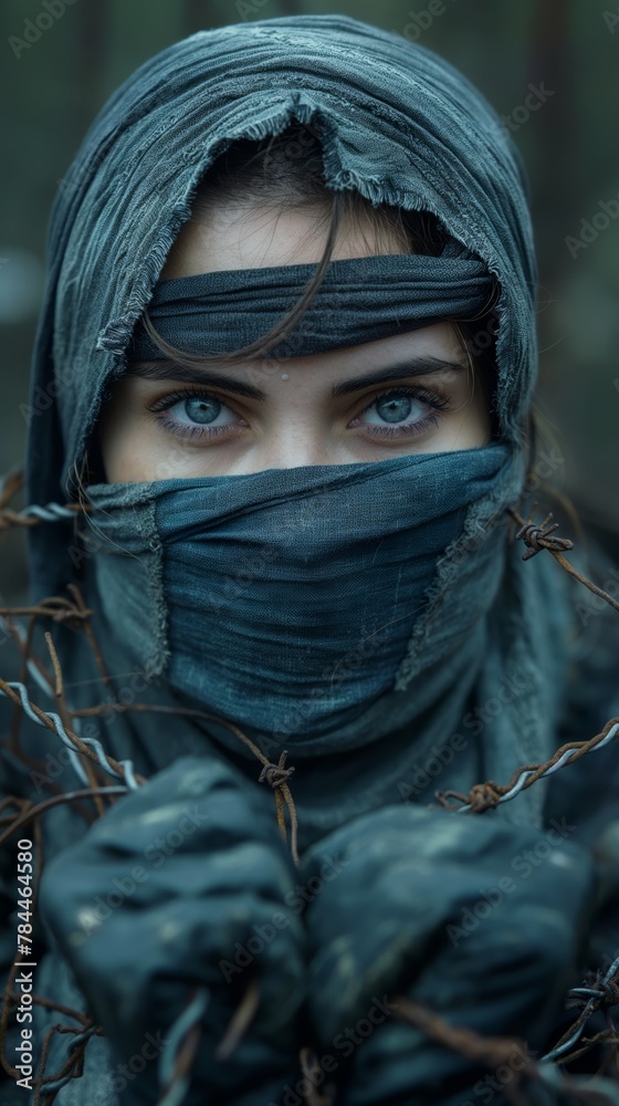 Standing against oppression concept with masked woman grabbing barbwire, created by ai Standing against oppression concept with masked woman grabbing barbwire, created by ai